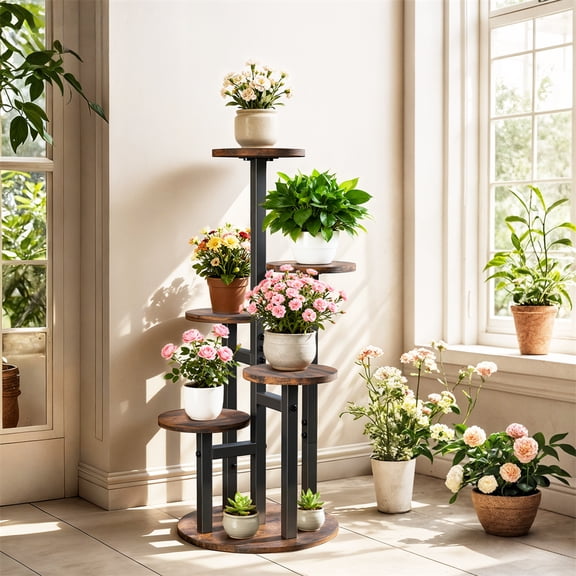 Multi-tier Wooden Metal Plant Stand Vertical Tall Flower Pot Holder Shelf Indoor Outdoor Garden Balcony,12.99x32.68 inch
