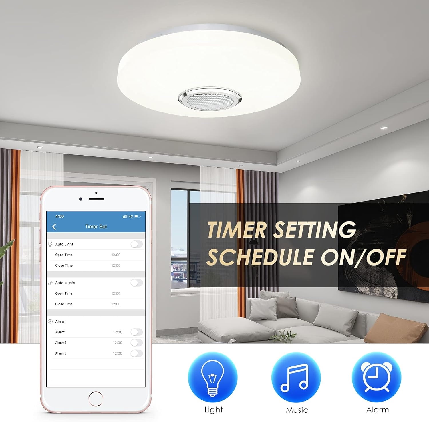 FAMKIT LED Music Ceiling Light with Bluetooth Speaker, 36W Dimmable Ceiling Lamp with Remote Control, Smart RGB APP Control Color Changing Light for Bedroom Bathroom
