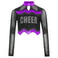 thumbnail image 2 of TiaoBug Girls Cheerleading Shirts Long Sleeve Mesh Rhinestone Cheer Uniform Crop Top Dancewear Purple 6, 2 of 6