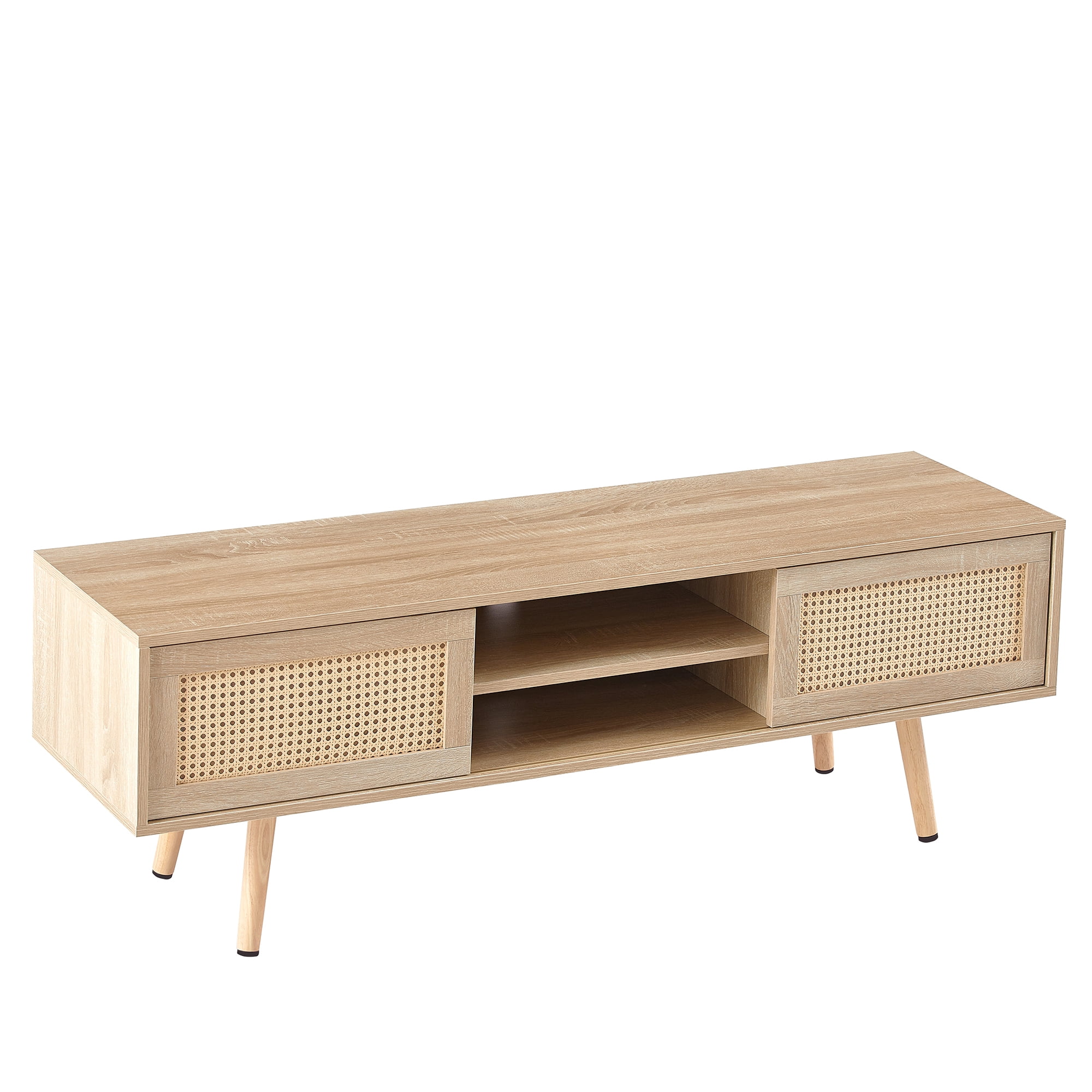 MAYEERTY 55.12" Rattan TV Cabinet with Sliding Doors, Solid Wood Legs, Adjustable Shelf, Natural