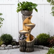 4 Tiered Water Fountain Outdoor, 35.6 Tall Cascading Bowl Leaf Carved Outdoor Waterfall Fountains Modern Water Feature with Dual Planters for Garden, Patio,Deck, Yard, Indoor Decor