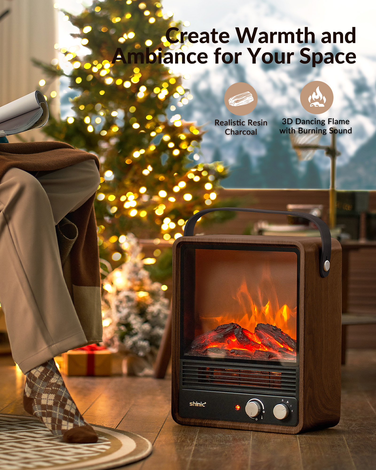 Shinic 1500W  Electric Portable Fireplace Heater, with Realistic Flame & Fire Crackling Sound, Walnut