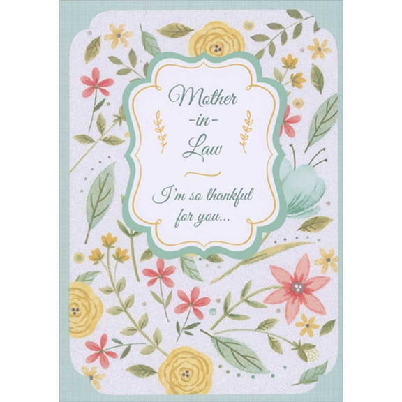 Designer Greetings I'm So Grateful for You Banner with Blue Border, Sparkling White Background, Yellow, Pink and Blue Flowers Mother's Day Card for Mother-in-Law