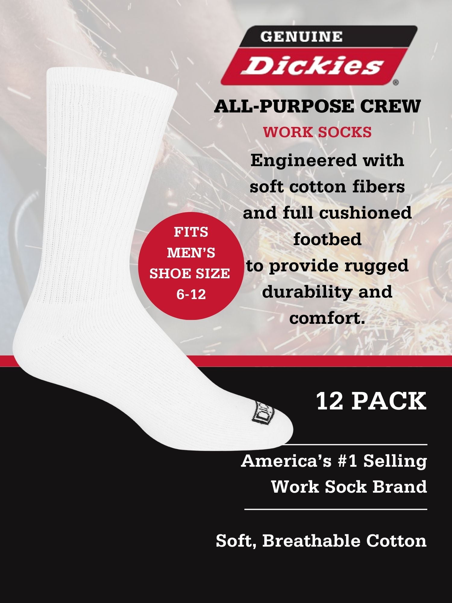 Genuine Dickies Men's Value Work Crew Sock,12 Pack White Size 6-12