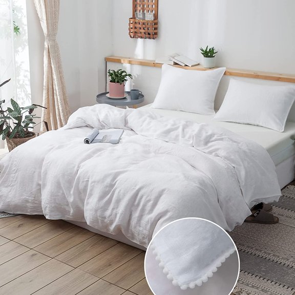 Simple&Opulence 100% Washed Linen Duvet Cover with Pom Pom Trim,Twin Size,Soft Breathable European Linen Bedding Set,1 Farmhouse Boho Comforter Cover and 2 Pillow Shams(Pure White)