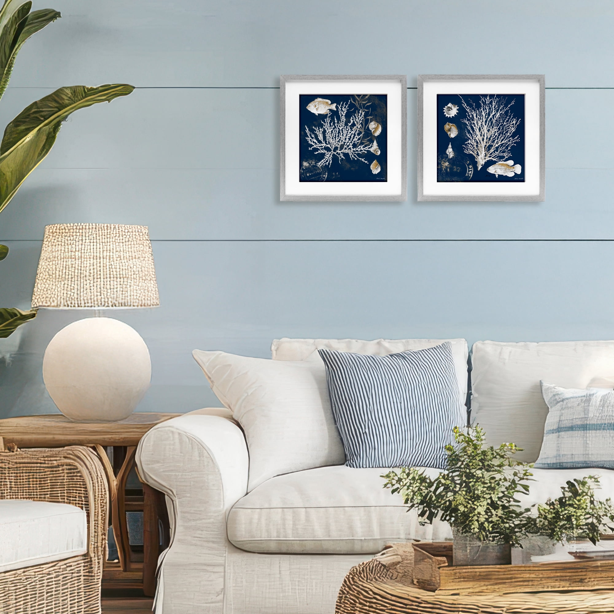 Stupell Industries Navy Coral Medley 2 Piece Gray Framed Print Under Glass Set, design by Lanie Loreth