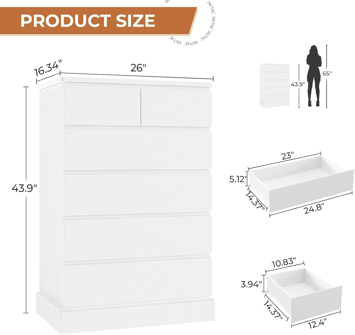White Tall Dresser with 6 Drawers Dresser & Storage Cabinet for Bedroom, Modern Wood Chests of Drawers & Closet Organizer for Living Room Hallway