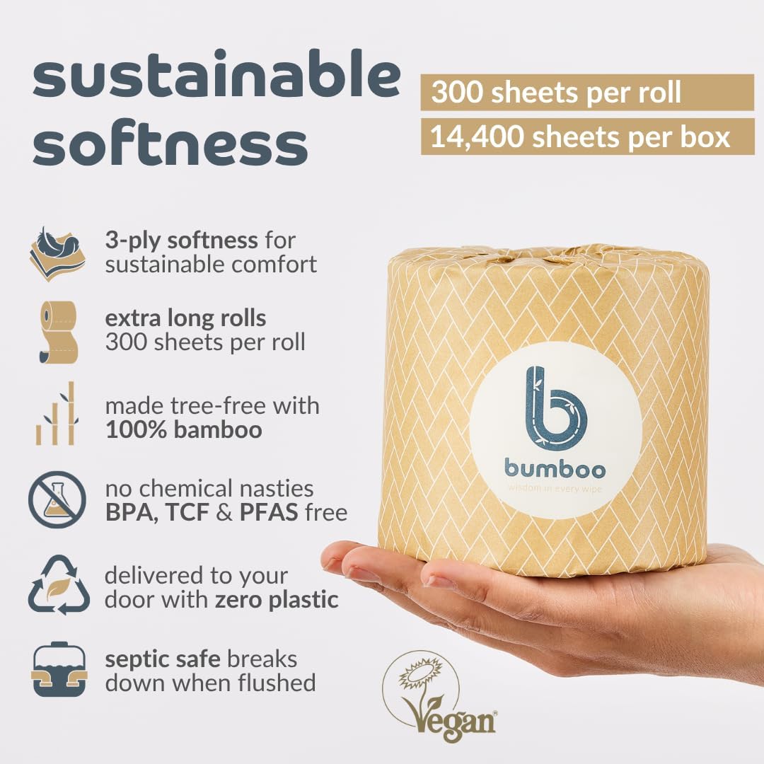 Bumboo Bamboo Toilet Roll 48 Pack | Wrapped Toilet Paper 3 ply, 300 Sheets | Eco Friendly Toilet Paper Bulk | Plastic-Free, Soft, Strong, Sustainable & Biodegradable Loo Roll