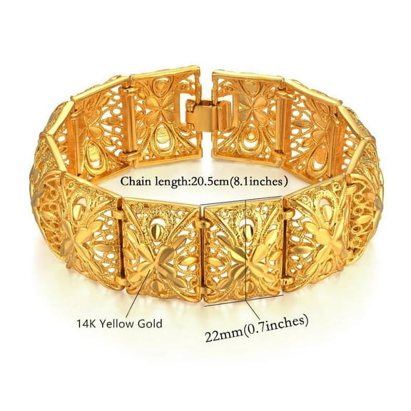 Women's Bracelet Golden Color Chunky Bracelets 14K Yellow Gold Braslet Hollow Chains Link Bracelet For Women Wide Jewelry Female Gift 8"