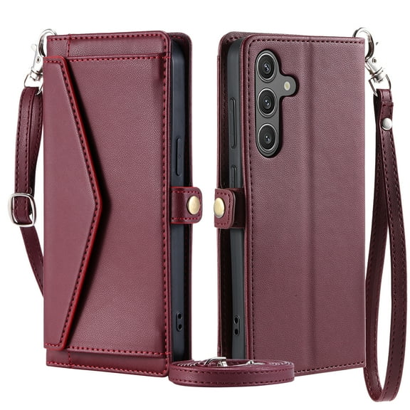 For Samsung Galaxy A13 4G Wallet Case, RFID Blocking Crossybody Shoulder Strap Hand Wrist Flip Cover Carsd Holder Snap Closure Protective Phone Case for Samsung Galaxy A13 4G, Winered