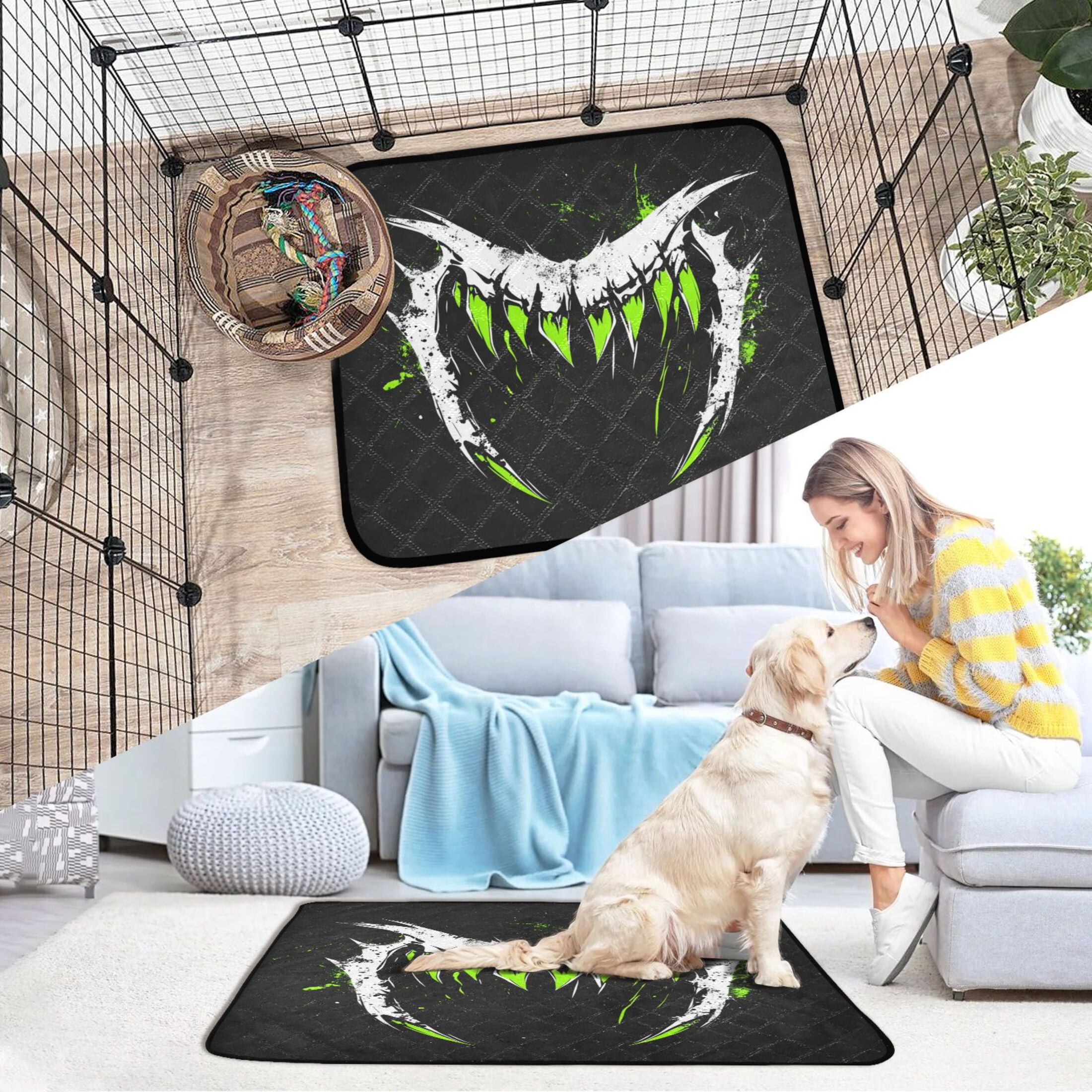 Qxltty Green Fangs Cat litter Pads Pet Set of 2 Diaper Mats Center Anti-leakage Layer Absorbent Soft and Comfortable