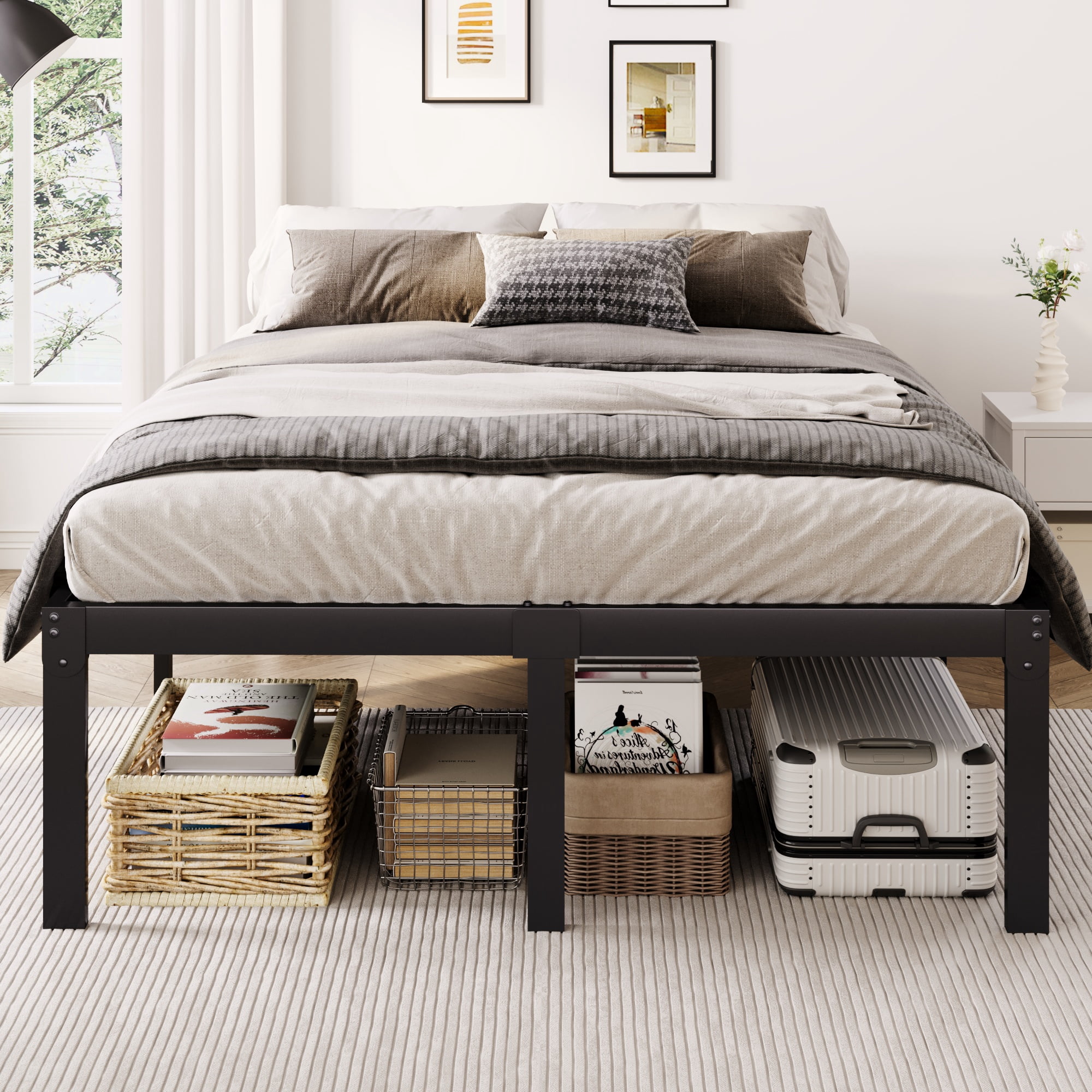 Merrland 18" Queen Size Metal Platform Bed Frame, Heavy-Duty, Ample Under-Bed Storage, No Box Spring Needed, Black