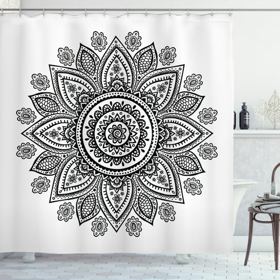 Ambesonne Ethnic Shower Curtain, Sunflower Pattern Blooms, 69"Wx70"L, White Black