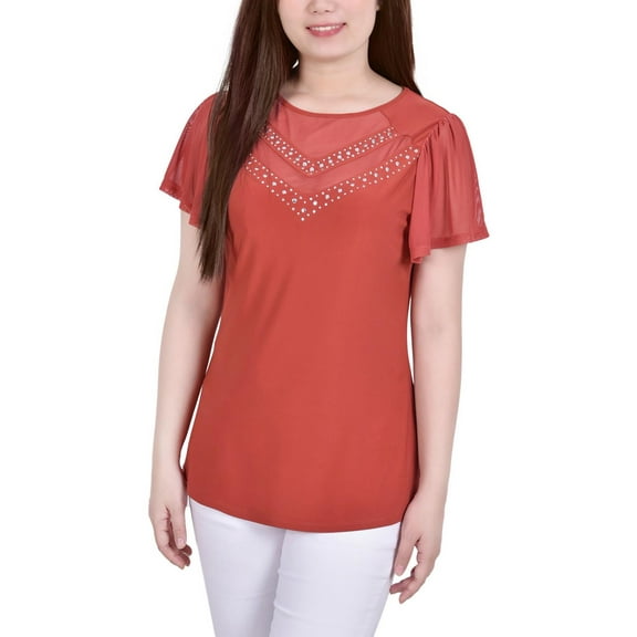 NY Collection Womens Petites   Studded Flutter Sleeve Blouse