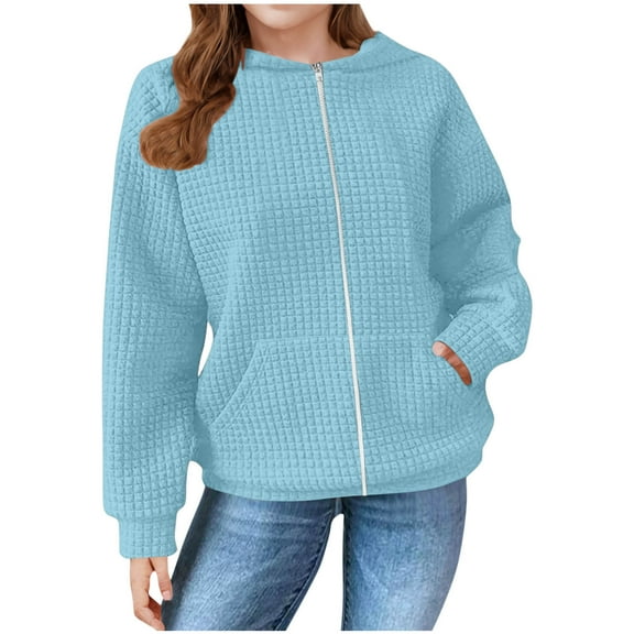 Teens Zip up Hoodies, Boys Girls Casual Long Sleeve Waffles Zipper Hooded Sweatshirt Jackets with Pockets Light Blue 10Y