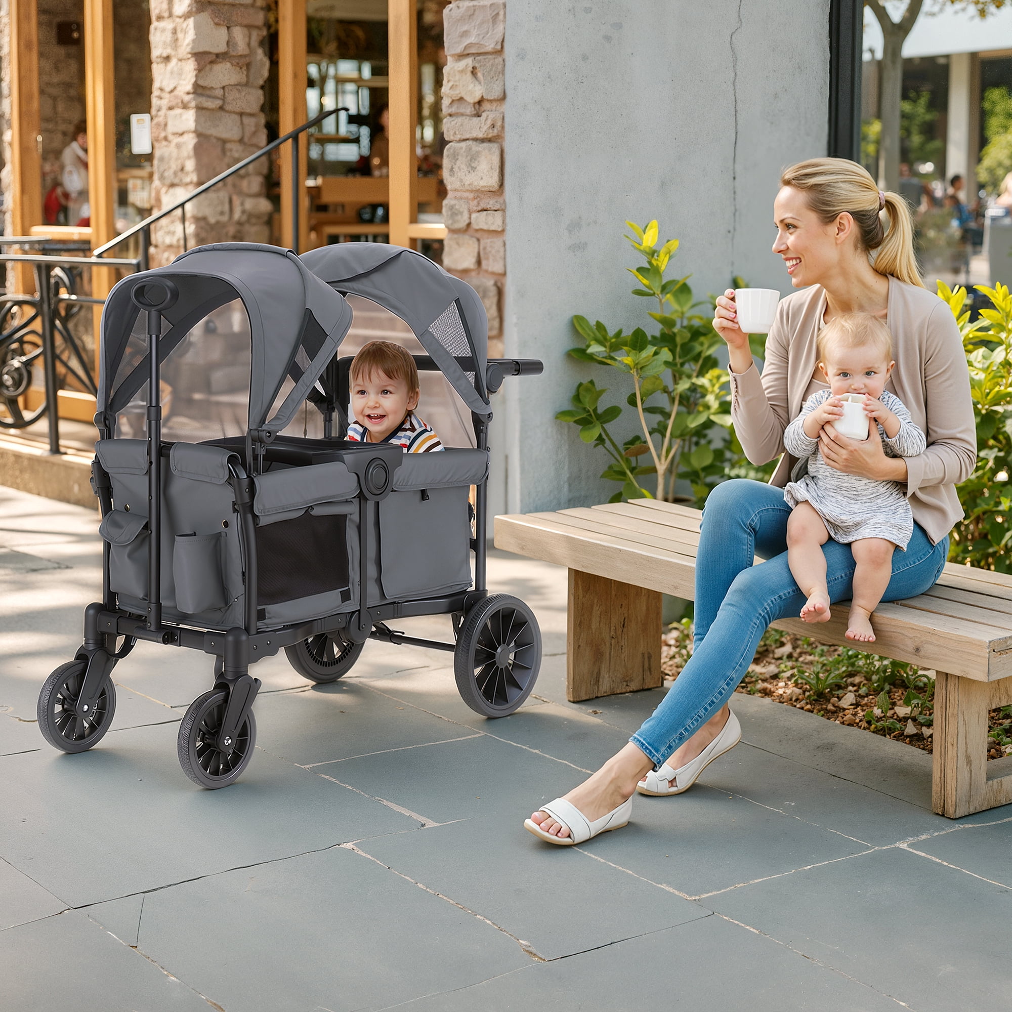 SACVON Baby Stroller Wagon for 2 Kids with Breathable Canopy,Parent Organizer,Removable Seat,2 Cup Holders,Gray