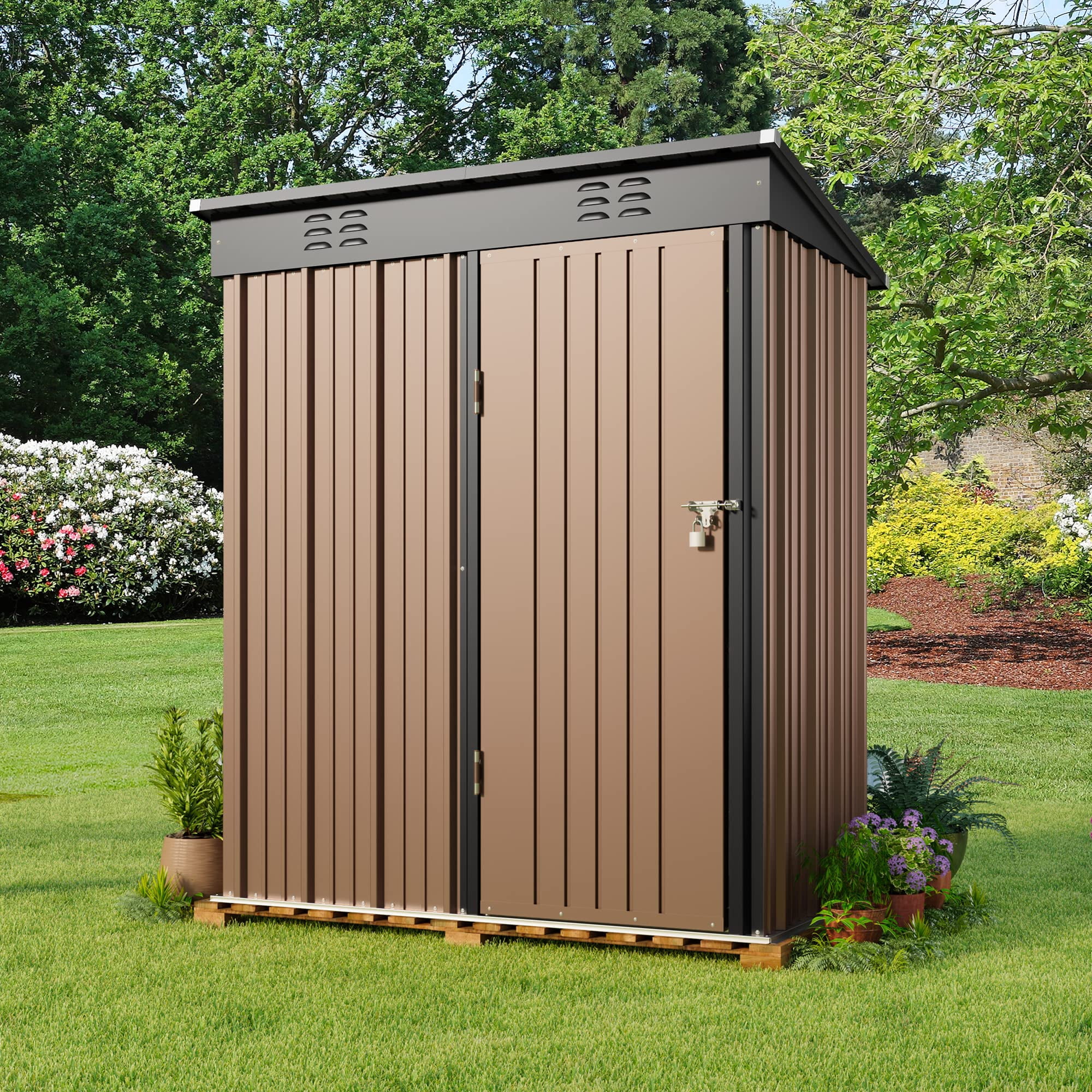 5x3 ft Outdoor Storage Shed, Metal Garden Tool Shed with Lockable Doors, for Outsides,Yard, Backyard Patio, Lawn - Brown
