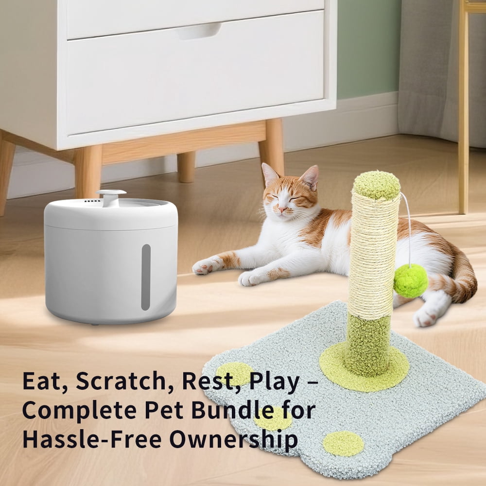 Circulating Cat Water Fountain + Scratching Tower, Ultra Quiet Drinking Dispenser with Ripple Basin, Designed to Increase Hydration for Cats & Small Animals (2000ML)