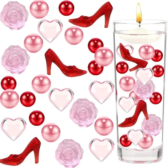 108PCS Valentines Day Vase Filler Decorations ,Valentines Floating Candle,Red High Heels Heart Rose Vase Filler, Red and Pink Water Gel Beads Pearls for Vase Valentine‘s Day Decor