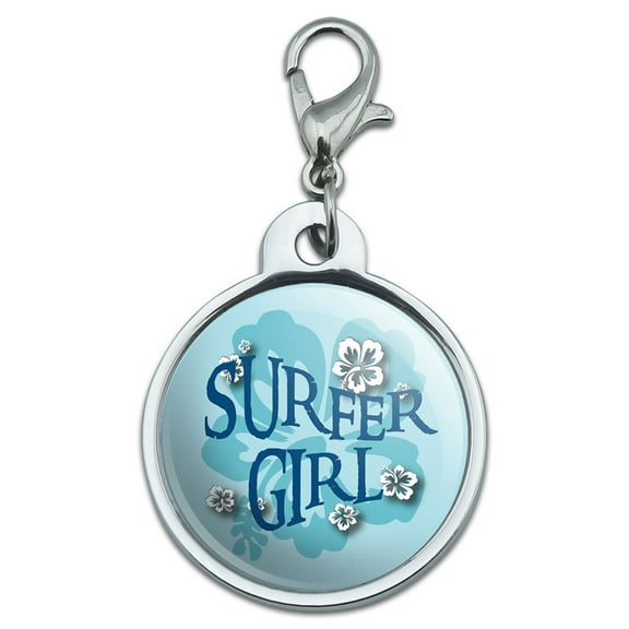 Surfer Girl Beach Hibiscus Flowers Small Metal ID Pet Dog Tag