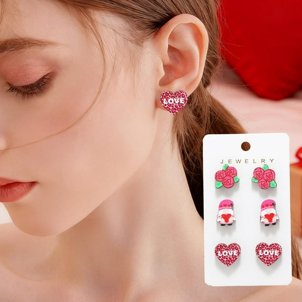 Juego de 6 pendientes de madera festivos del 14 de febrero, pendientes de rosa en forma de corazón personalizados, pendientes de regalo para mujer, juego de pendientes de madera.