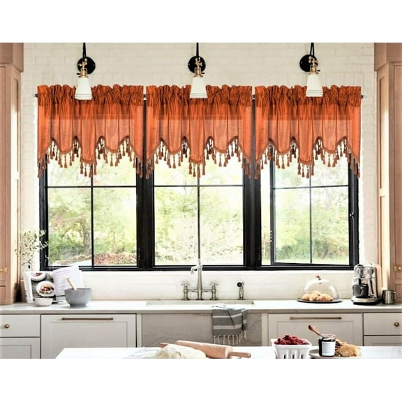 WAVE BRICK 1 Elegant Faux Silk Rod Pocket Swag Waterfall Ascot Dressing Window Valance with Tassels, 55" X 18" for kitchen bedroom décor