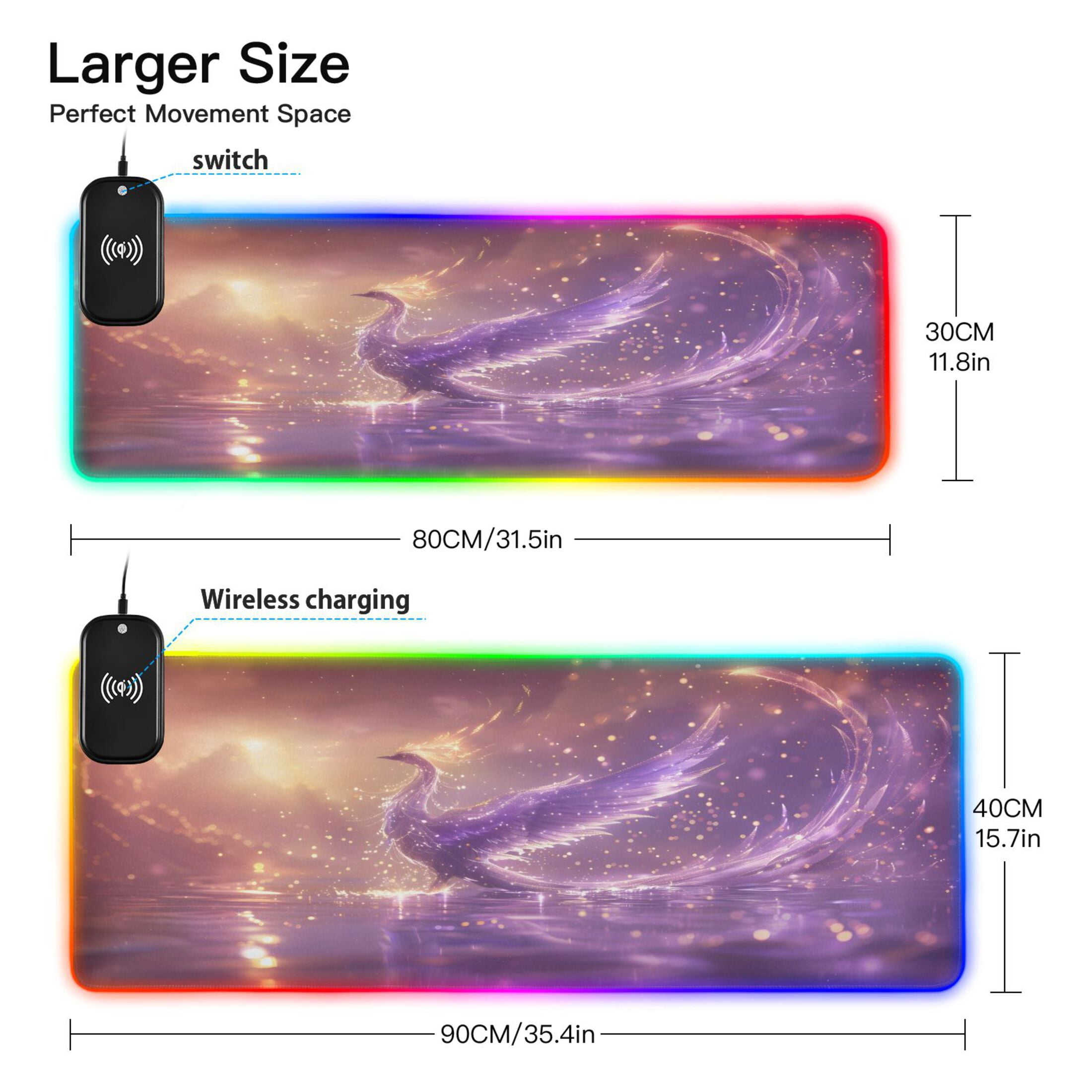 Wireless Charging Mouse Pad Large RGB Gaming Desk Mat 13 Light Modes Mousepad 35.4x15.7 Phoenix Play Water