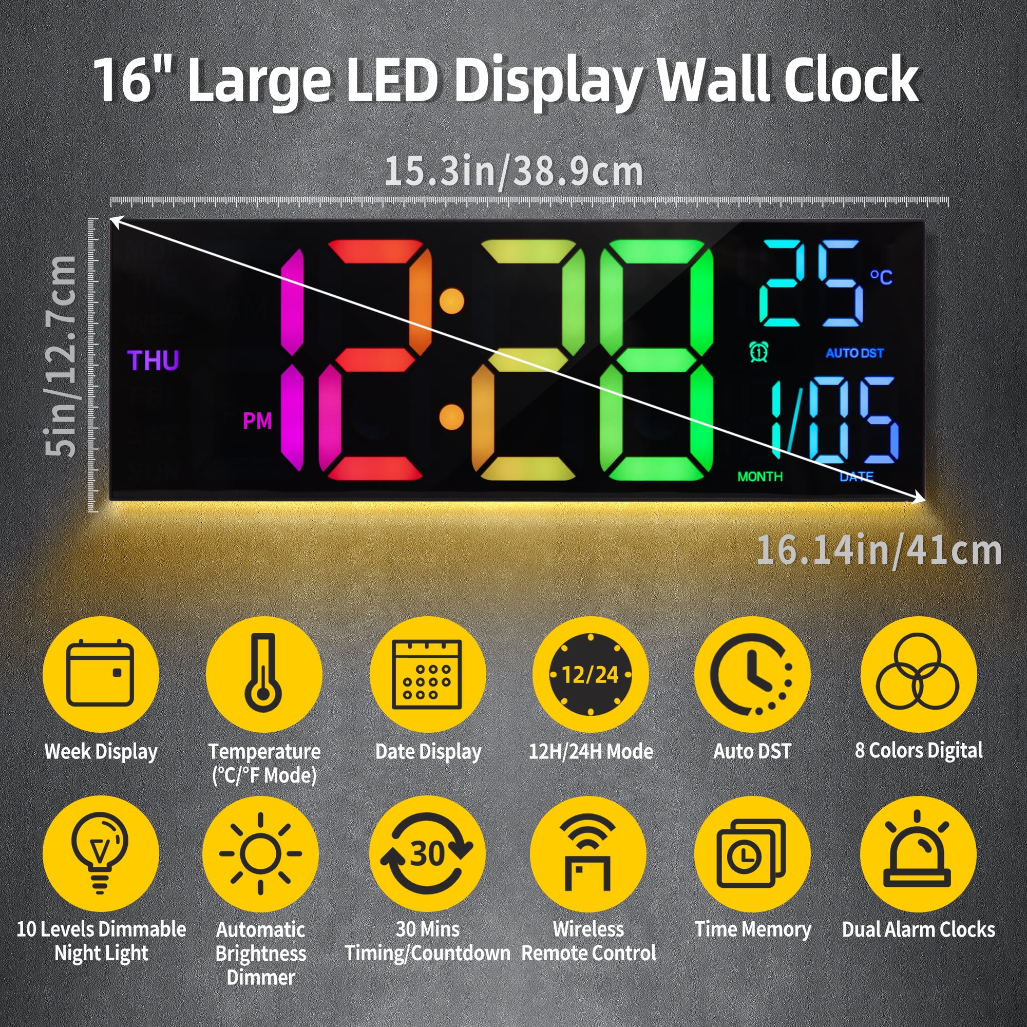 LEIKE 16.2" Large Digital Wall Clock with 8 Colors, 5-Level Brightness Adjustment, Battery Operated, Temperature Display, Big Numbers for Bedroom Office Living Room