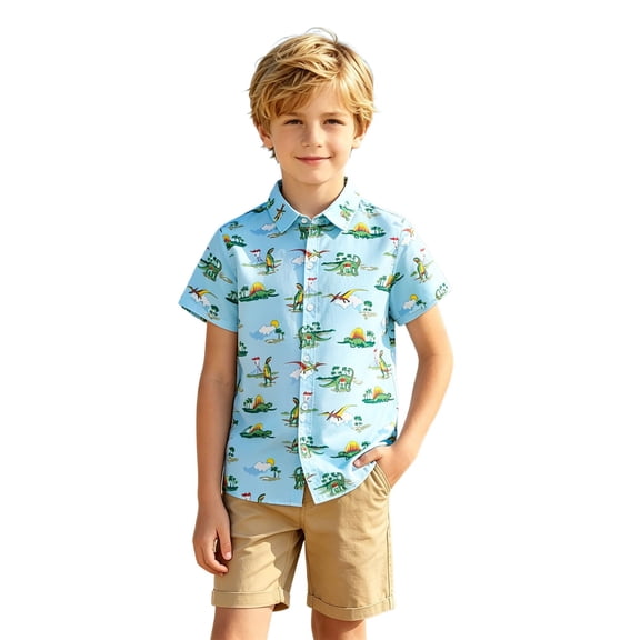 Lullu Boys Short Sleeve Button Down Shirt Summer Dinosaur Print Beach Shirt, Sizes 3-15
