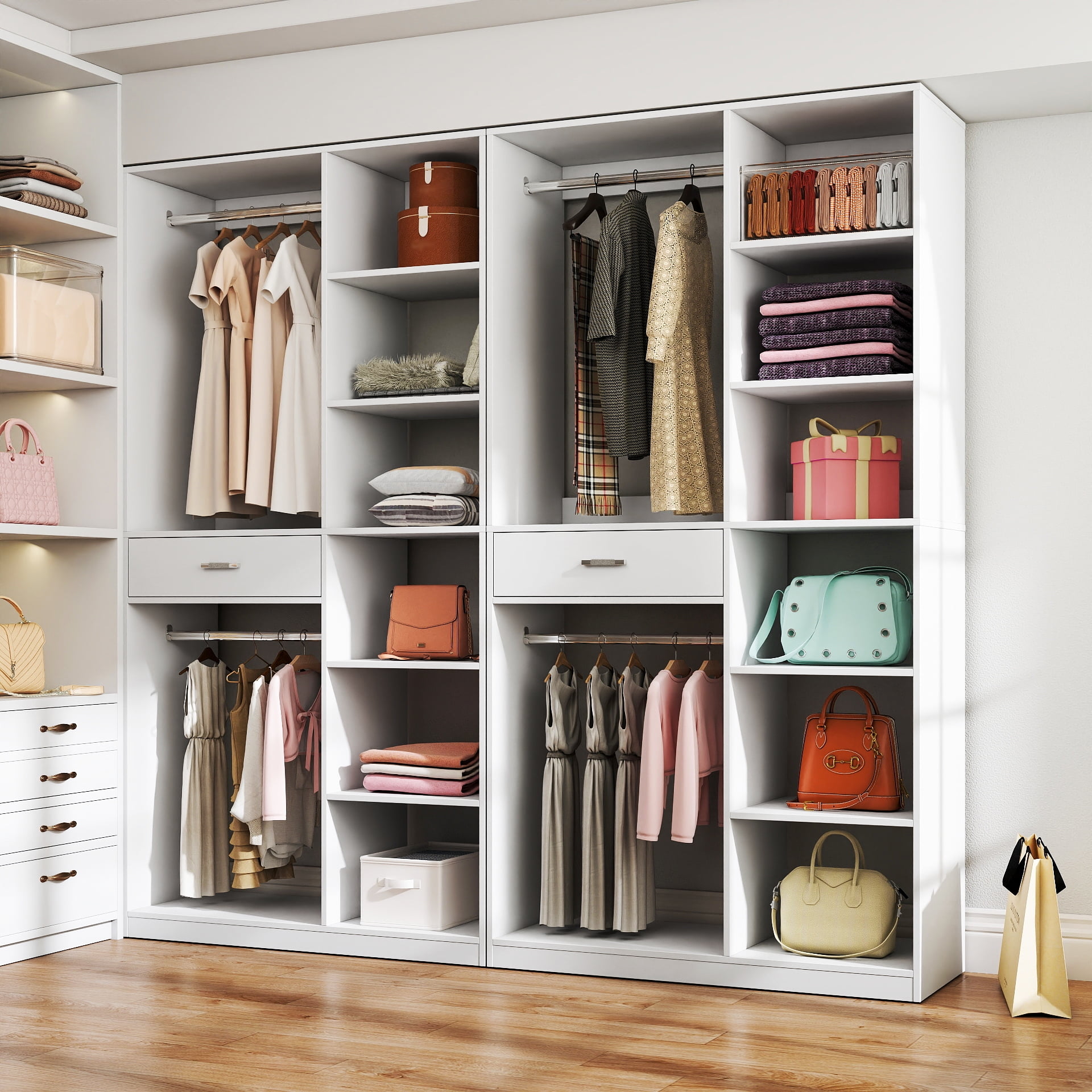 Freestanding Closet System Wardrobe with 6 Open Shelves 2 Hanging Rod 1 Drawer, White
