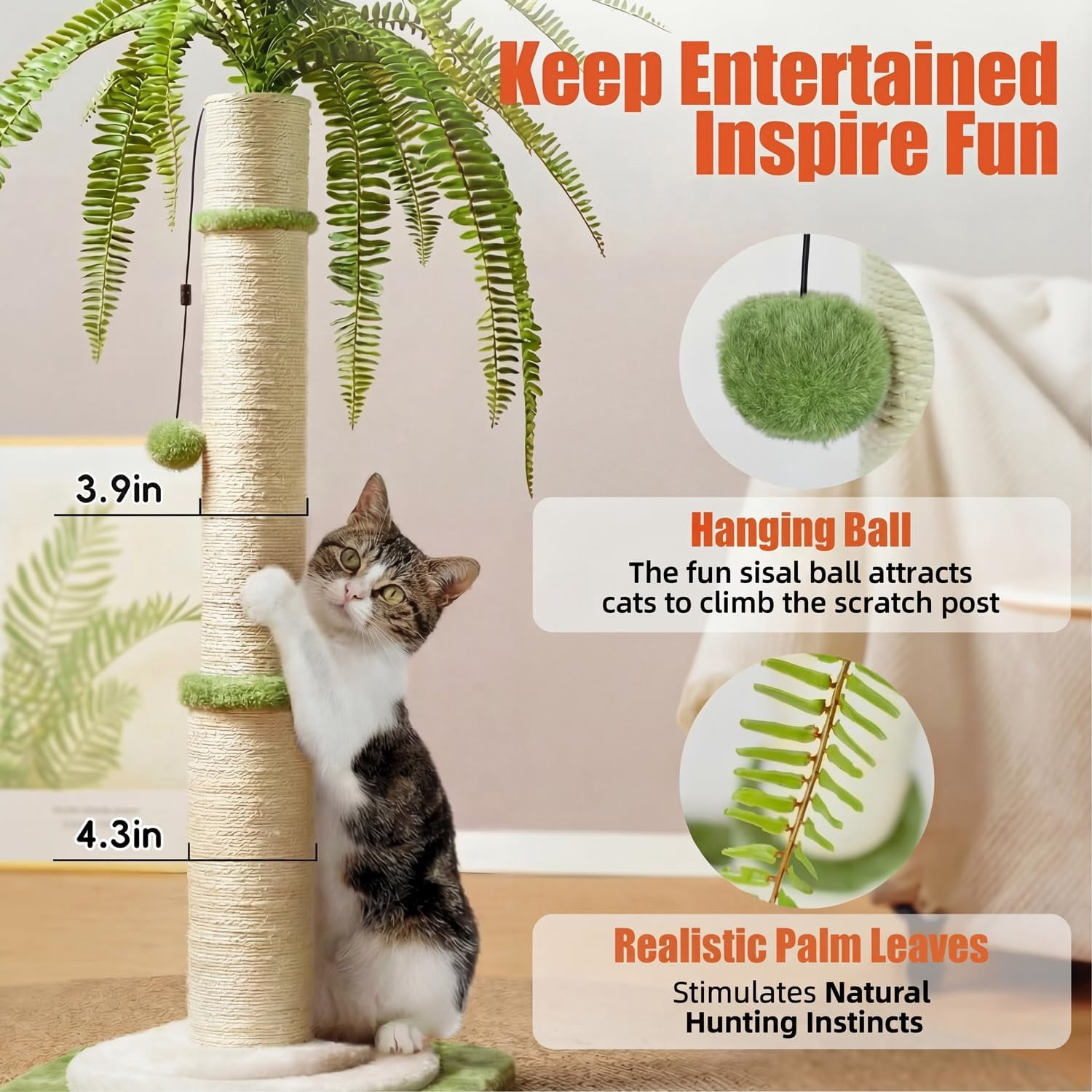 42 Inch Tall Palm Tree  Scratching Post - Heavy Duty  Sisal Rope Vertical Pole with Dangling Ball for Large Cats