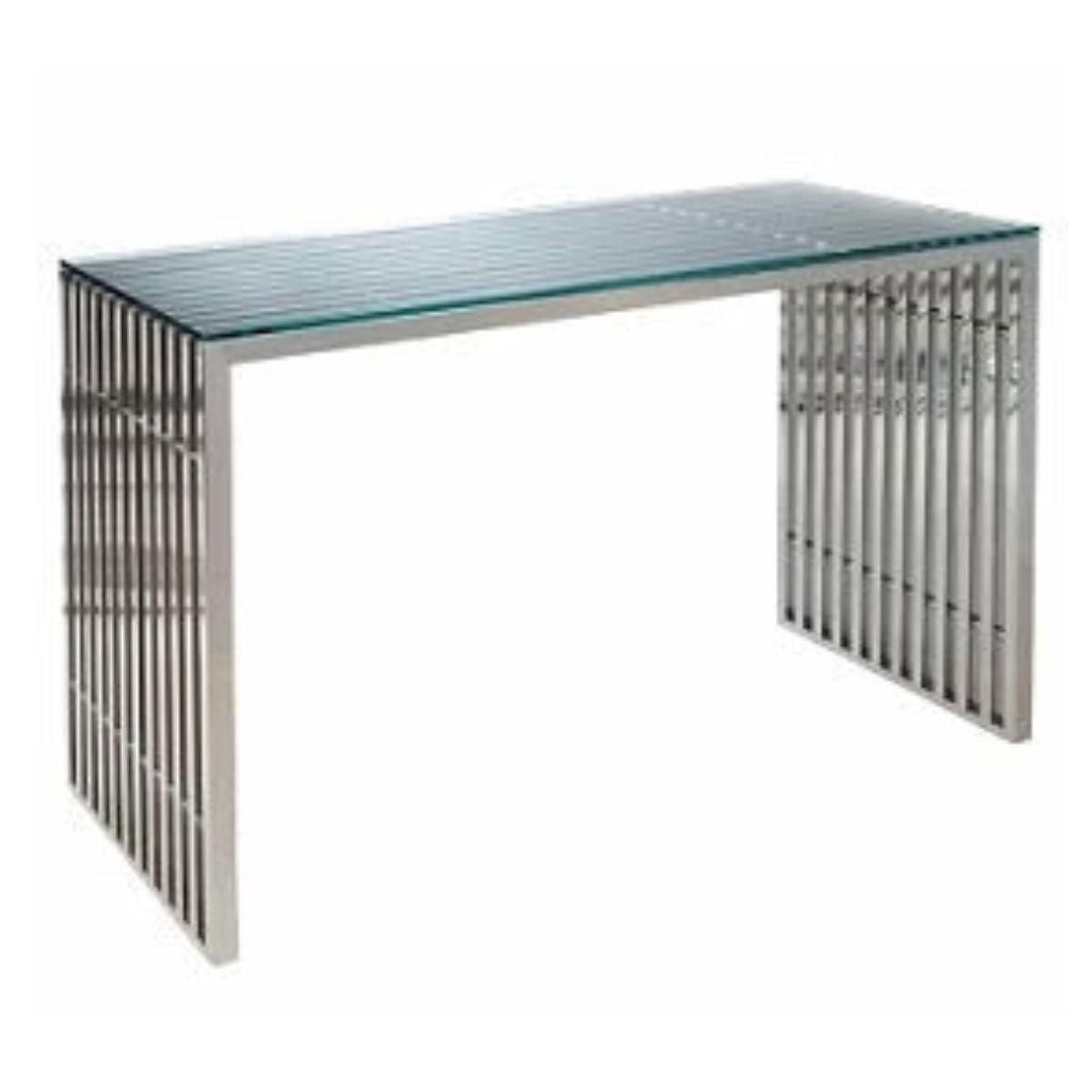 Deanna Slate Console Table made of stainless steel with clear glass top