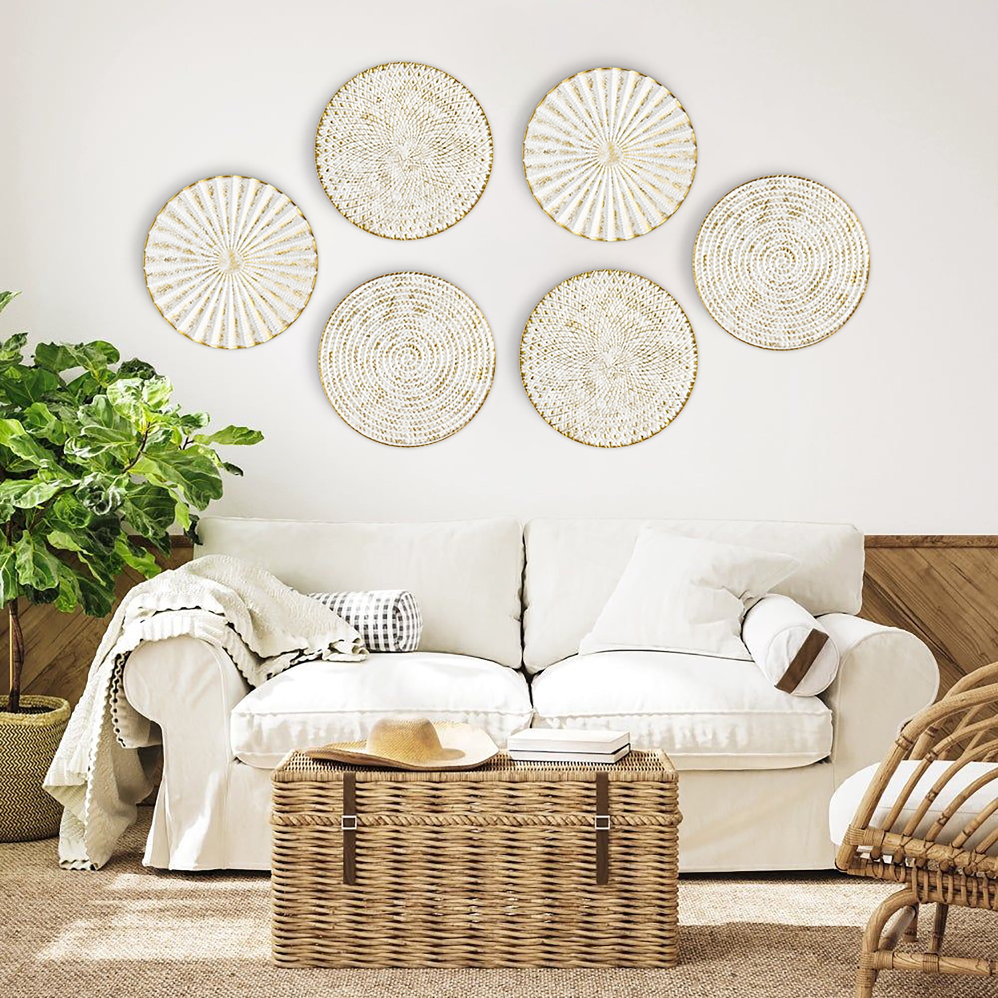 3Pcs 12" Gold Wall Decor Metal White Washed Starbursts Radial Plate Wall Art Modern Accent Hanging Wall Home Decorations
