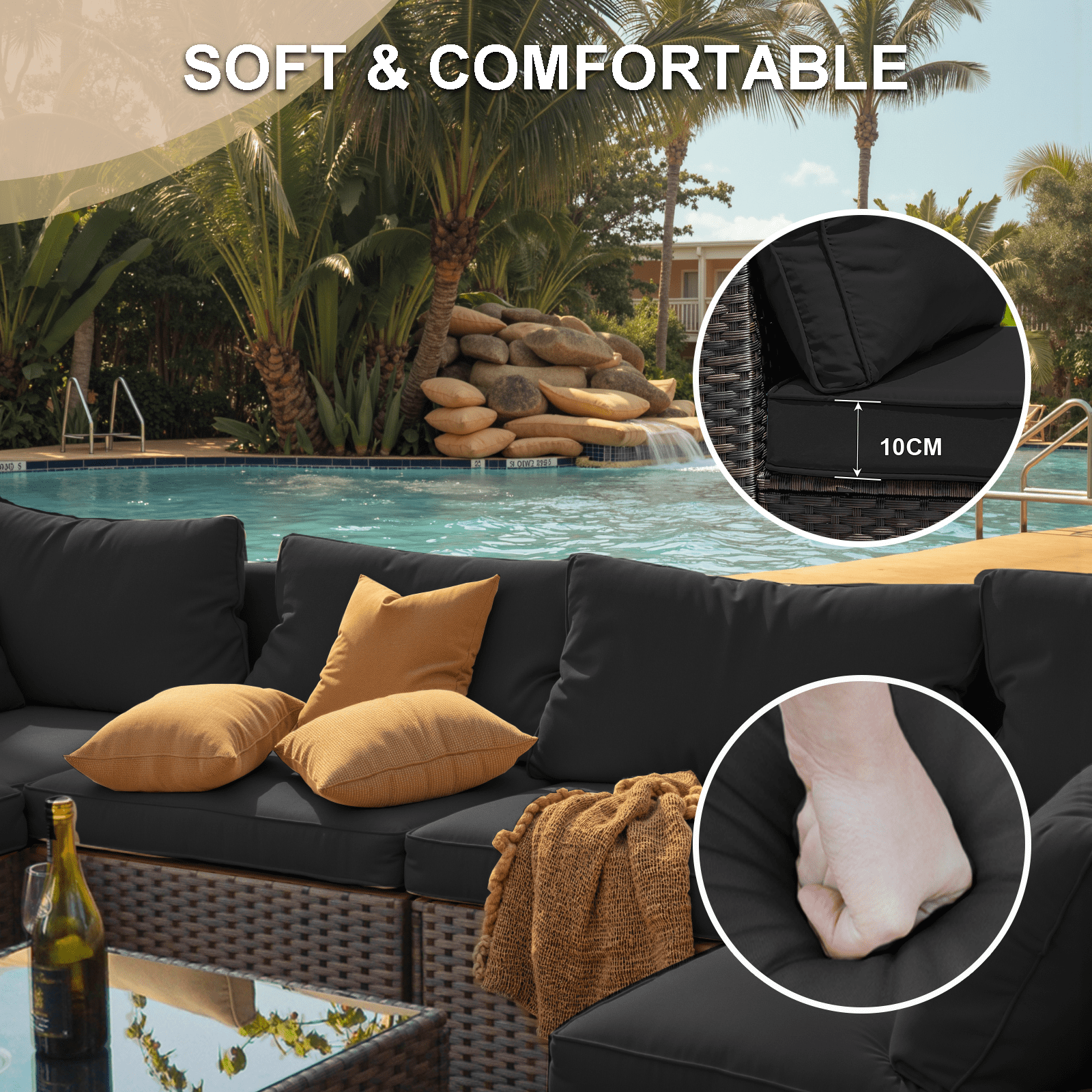 Gaildon 5 Piece Patio Furniture Set with Fire Pit Table, All Weather Outdoor Sectional PE Rattan, Patio Conversation Sets with Cushions and Glass Coffee Table for Garden Lawn Balcony Porch Deck,Black