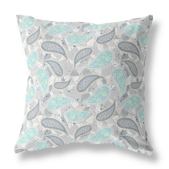 26â€ Gray Turquoise Boho Paisley Indoor Outdoor Throw Pillow