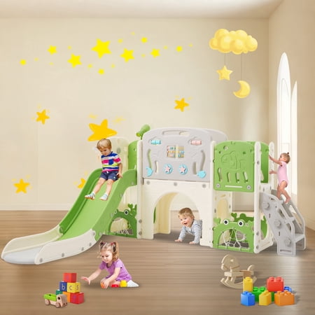 11 in 1 Toddler Slide Kids Slide for Toddler Age 1-3 with Basketball Hoop Kids Slide Playset Structure Arch Tunnel and Telescope Toy Storage Organizer for Toddlers Kids Climbers Playground Green