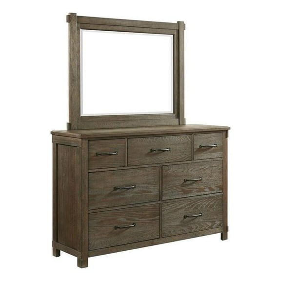Maklaine Wood 7-Drawers Bedroom Dresser with Mirror Set in Brown
