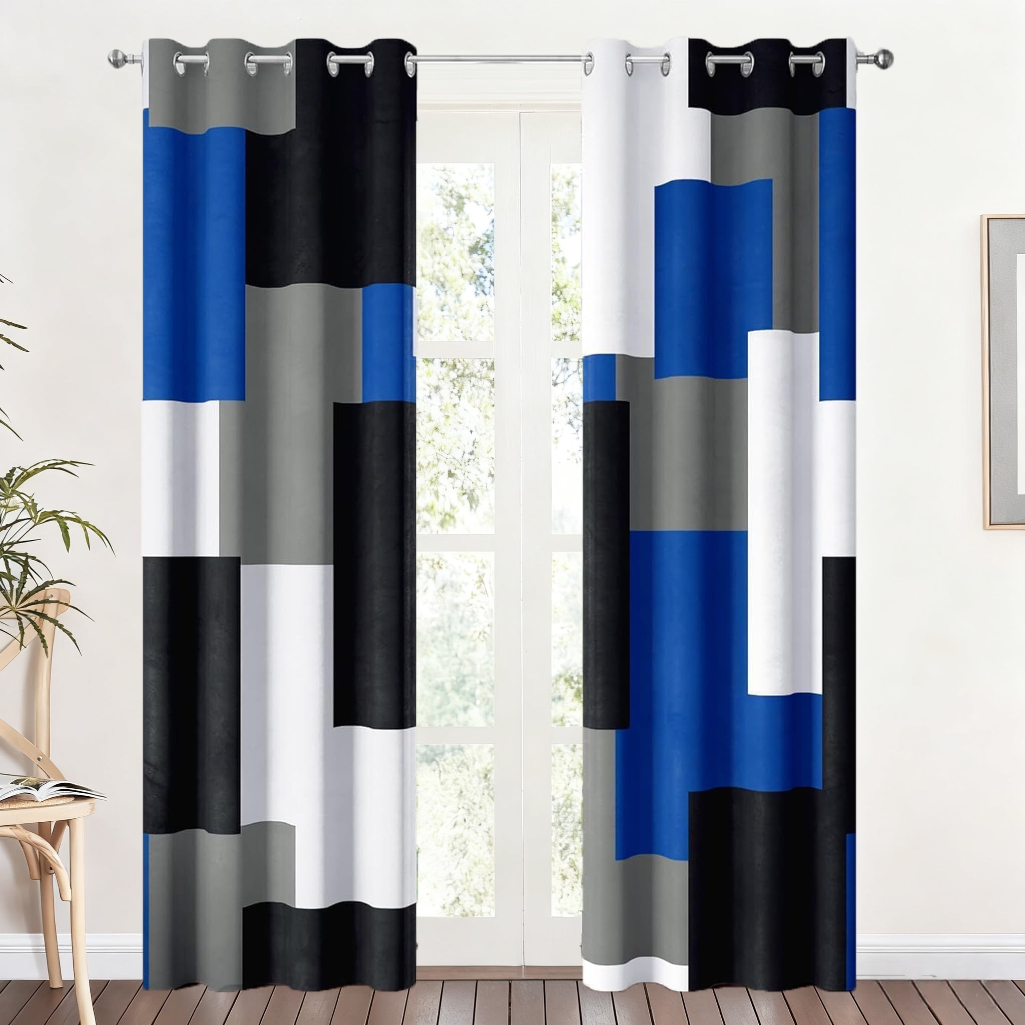 NIUBIER Blackout Curtains for Bedroom,Blue and White Black Out Curtains for Living Room Modern Geometric Abstract Room Curtains, 52" x 84"