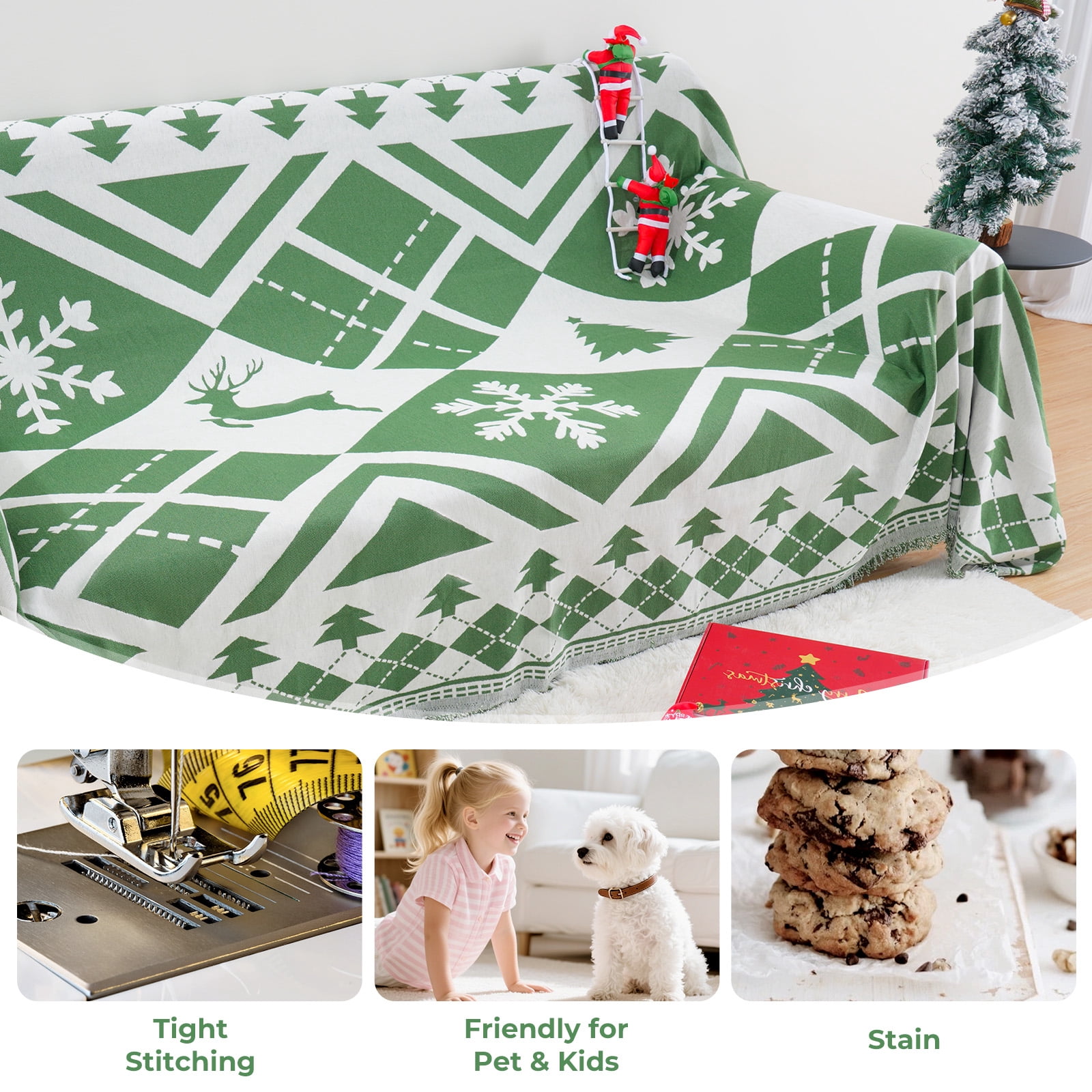 Sanmadrola Boho Sofa Cover Chenille Couch Covers Blanket Furniture Protector for Sectional Sofa, Anti Slip Couch Covers for 2 Cushion Couch, Washable Slipcover for Dog (Xmas Green, 71"x102")