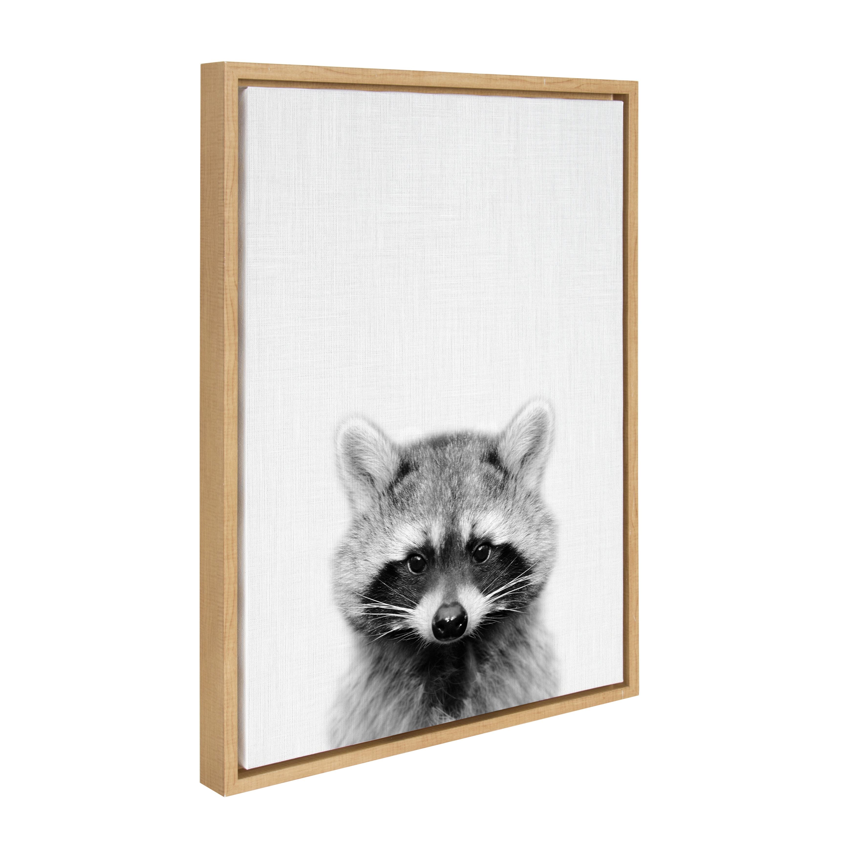 Kate and Laurel Sylvie Raccoon Black and White Portrait Framed Canvas Wall Art by Simon Te Tai, 18x24 Natural