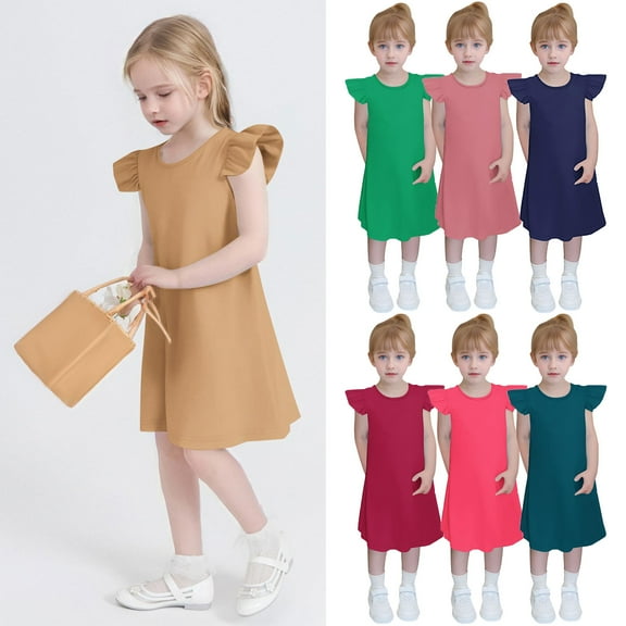 Mevxay Toddler Girls Dress Ruffle Sleeve Basic Casual A Line Mini Dresses 4-12 Y Beige