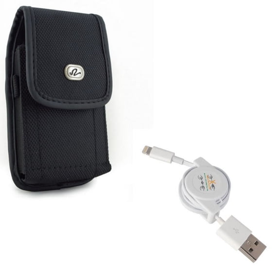 USB Cable w Case Belt Clip for iPhone XR - Retractable Charger Power Cord Sync, Rugged Holster Canvas Cover Pouch Compatible With iPhone XR