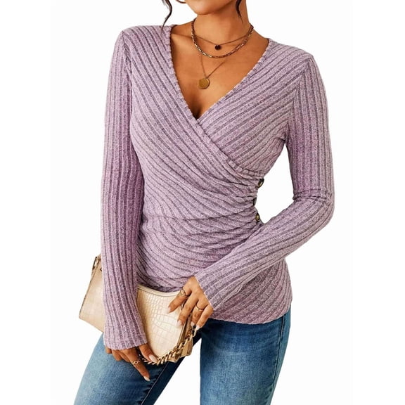Women'S Long Sleeve Shirt V Neck Ribbed Knit Slim Button Sweater Autumn Casual Work Tops Pale Pinkish Grey S