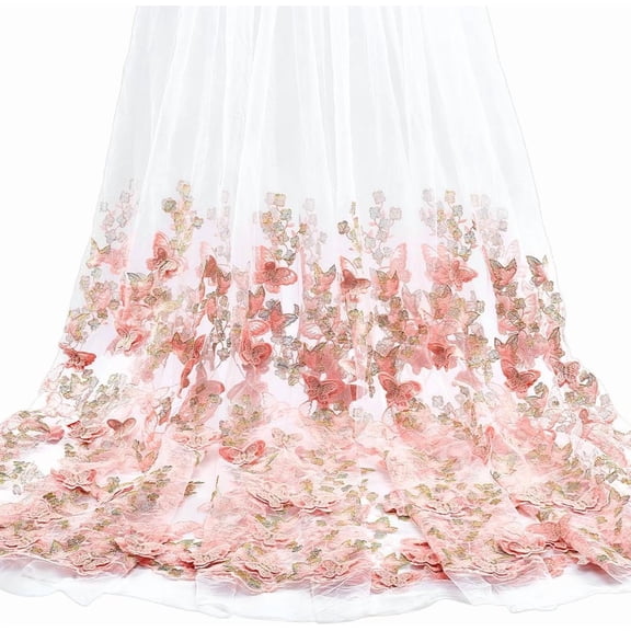 3 Yards Pink 3D Butterfly Flower Embroidered Tulle Lace Fabric 68.5inch Wide Polyester Floral Butterfly Embroidery Pattern Fabric for Wedding Dresses DIY Costumes Home Decor Pink