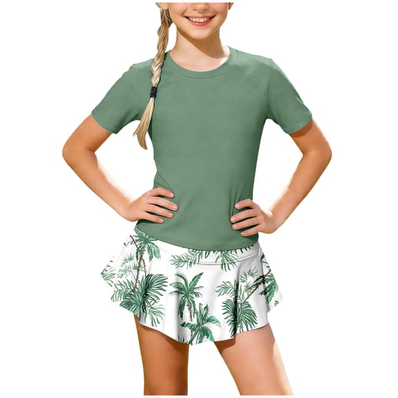 Staki Bathing Suit for Girls Girls' 2 Piece Ruched Short Sleeve Bikini Swimsuit 6-9Y 10-14Y(Green,7-8 Years)