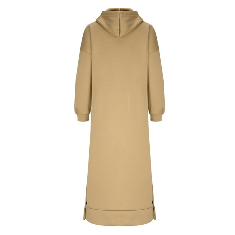 AKOEE Long Hoodie Dress for Women with Pocket Cotton Fleece Drawstring Hooded Sweatshirts Plus Size Fall Winter Maxi Dress (5xl, Khaki), Women's,