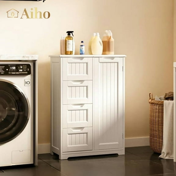 Aiho 33" Bathroom Storage Cabinet, Bathroom Floor Cabinet with 4 Drawer & 2 Shelves, Wooden Freestanding Cupboard for Bathroom - Black