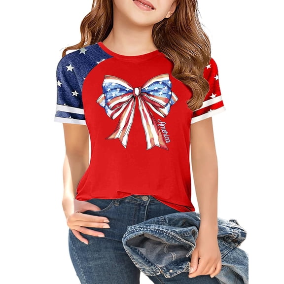 Abcomgle Girls 4th Of July T-Shirts 10-12 Red White Blue Bow Print Patriotic Shirts Raglan Short Sleeve Crewneck Shirts Memorial Independent Day Tees