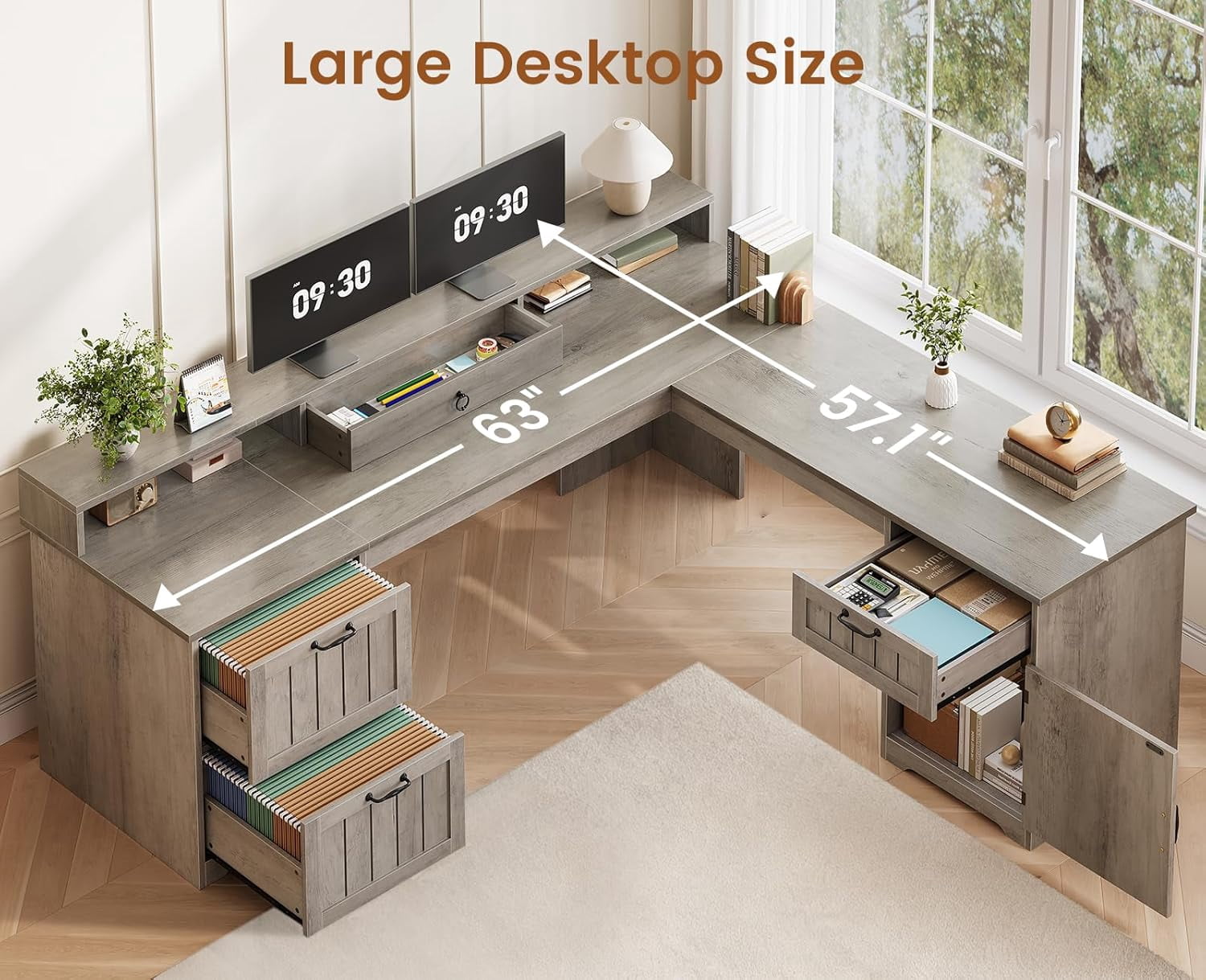 Farmhouse L Shaped Desk with Storage, Rustic Corner Desk with Monitor Stand, Desktop Organizer Drawer, 2 File Drawers & 1 Cabinet, Home Office Desk with Spacious Desktop, Large PC Workstation, Grey