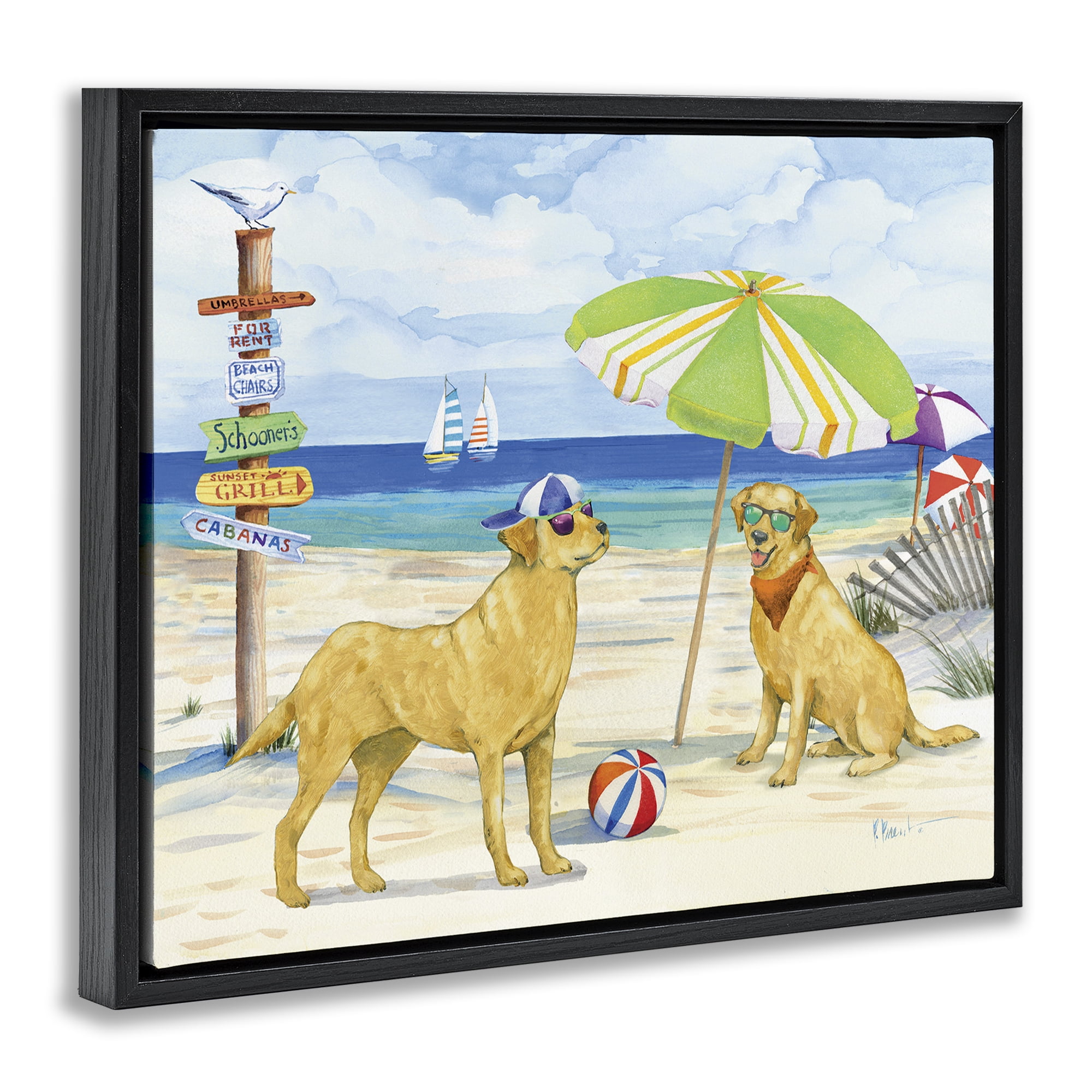 Stupell Industries Dog Day At Beach Animals & Insects Painting Black Floater Framed Canvas Art Print Wall Art, 31 x 25